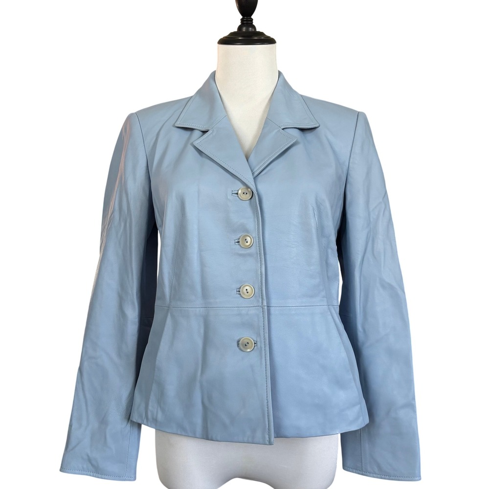 Talbots 100% Genuine Leather Powder Blue Blazer‎ Size 4P Chic